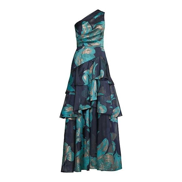 NWT Aidan Mattox One Shoulder Tiered Ruffle Abstract Floral Print Dress size 10 - Picture 6 of 6